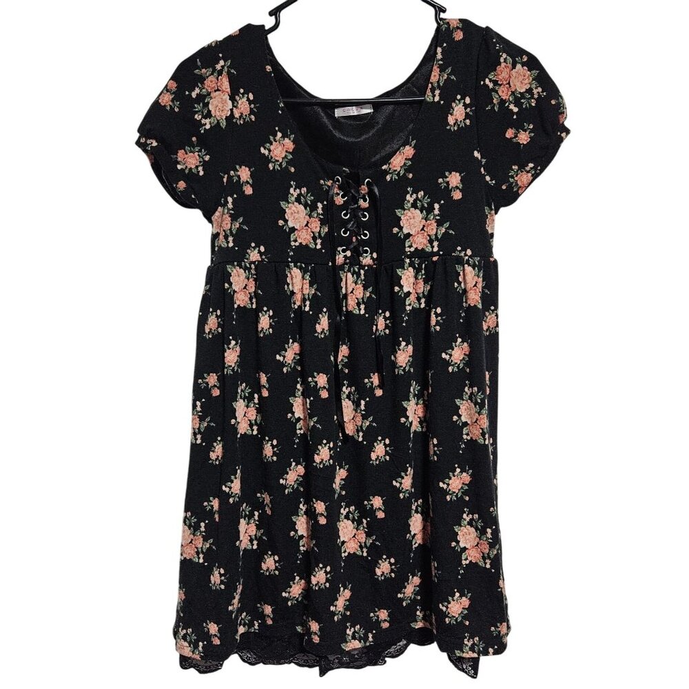 Colza Empire Waist Dress Womens Size Medium Floral Black Pink Lace Trim